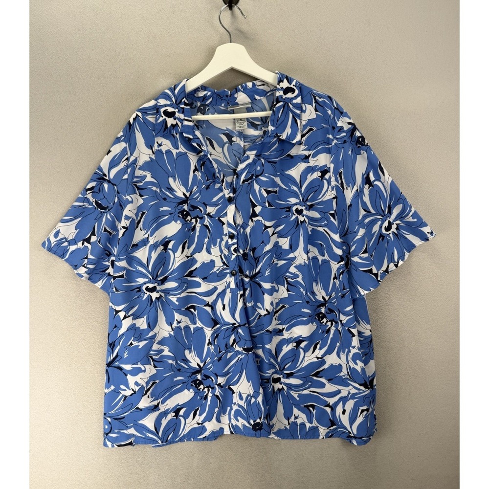 Catherines Plus Size 2X 22/24W Blue Floral Blouse Button Front Short Sleeve